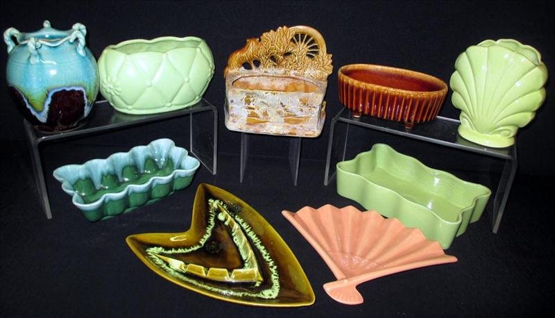 Vintage Pottery Lot: Vintage Pottery Lot, Including Planters, Vases, Ashtray and Decorative Fan. Companies Noted Hull, USA, McCoy and ITS National, Ranging From 8.5" Wide to 6.5" Tall.