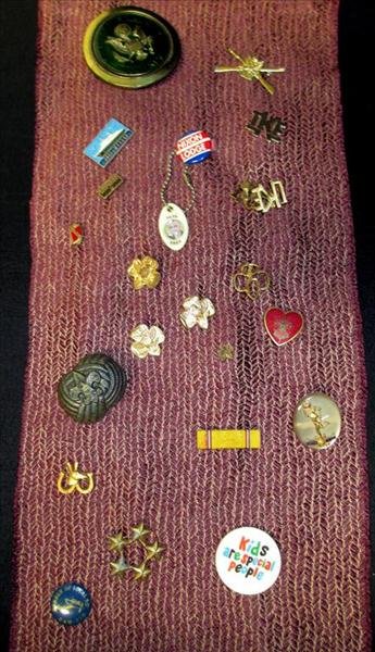 Scouting, Military, Political Pins Plus: Scouting, Military, Political Pins Plus, Including Ike Pin and Earrings, 4 Girl Scout Pins (One Brownie), Scouting Neckerchief Holder, Ltd. Ed. 1977 US Army Belt Buckle SN 541, LBJ Key Chain, Nixon Lo