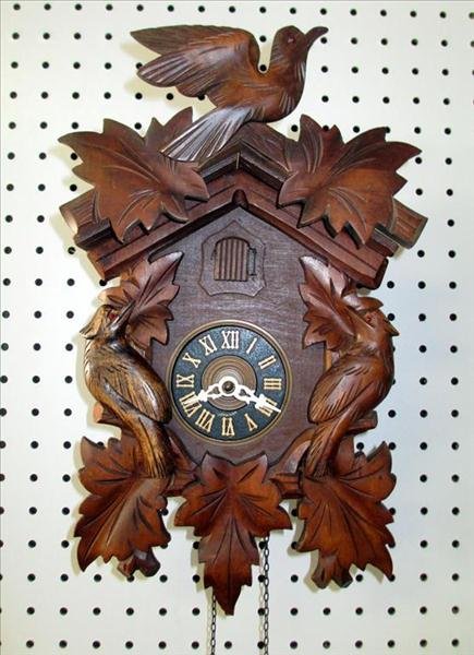 Cuckoo Clock: Cuckoo Clock, 1 Day, Reworked, New Bellows, Carved Birds & Leaves, 14" x 8".