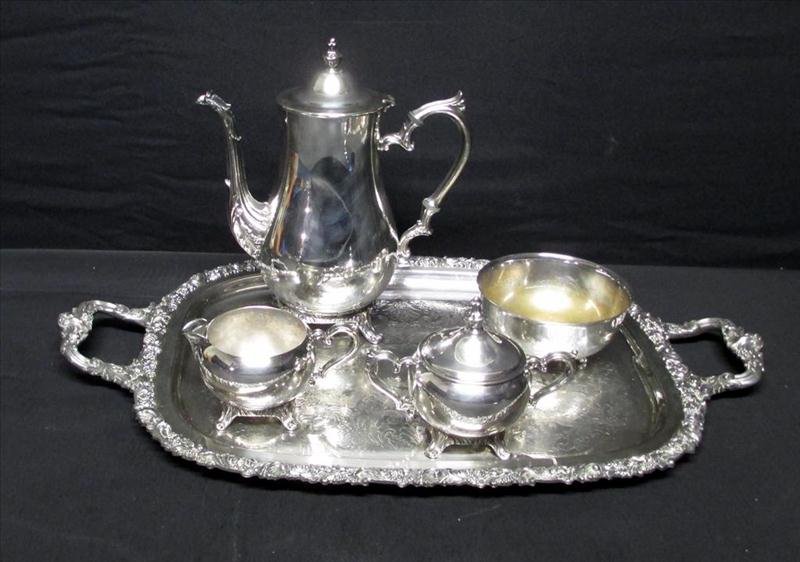Silver Tea Service: Silver Tea Service, Including Silverplated 23" L Gorham Double Handled Tray and IS Co. Coffee Pot, Covered Sugar, Creamer and Wallace Waste Bowl.