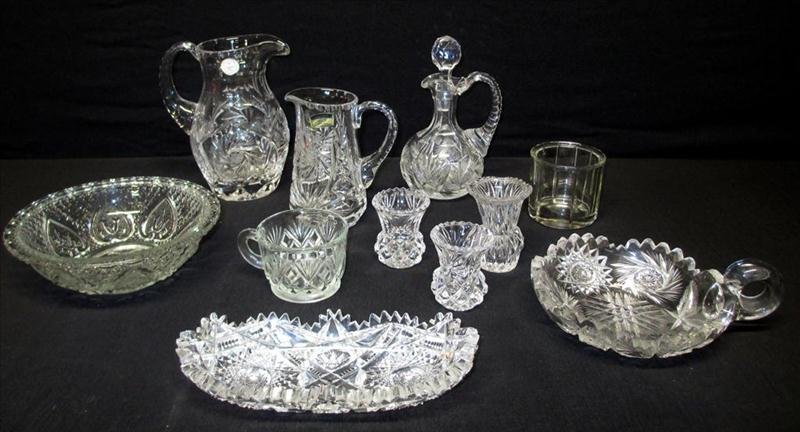 Cut and Pressed Glassware: Cut and Pressed Glassware, Including 8" Relish, Single Handle Nappy, Two Pitchers, Cruet, Toothpick Holders and More.