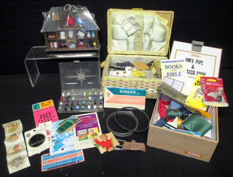 Vintage Sewing Notions: Vintage Sewing Notions, Basket and Pipe and Tobacco Box Full of Sewing Items Plus Display and Bobbin Box.