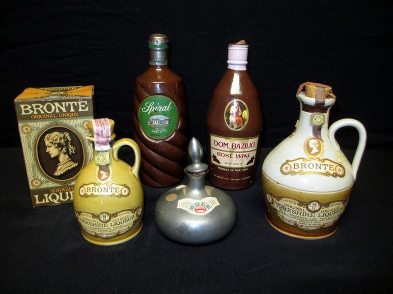 5 Liqueur/Wine Bottles: 5 Liqueur/Wine Bottles, Including 2 Bronte Yorkshire Liqueur (1 w/Box), 6" & 7.5"; Spiral Carbonated Rose Wine, 9.75"; Dom Bazilio Rose Wine, 9.25"; Bols Creme de Menthe in Metal, 5".