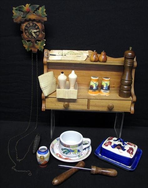 Wood & Ceramic Kitchenalia & Cuckoo Clock: Wood & Ceramic Kitchenalia & Cuckoo Clock, Including Small German Cuckoo Wall Clock, Wall Rack, Salt & Peppers, Heavy Oriental Cup & Saucer, Occupied Japan Miniature Vase, Covered Butter/Cheese, Etc.