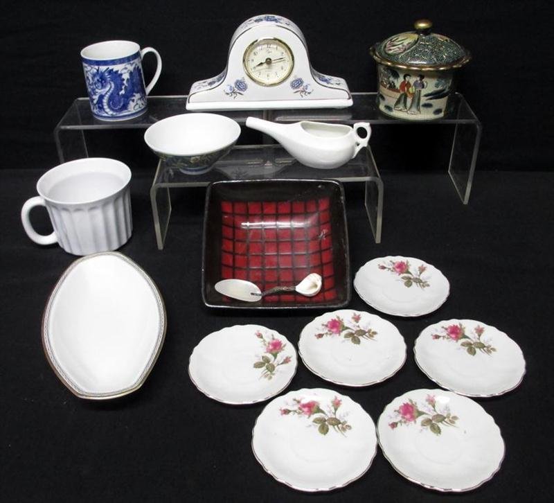 Covered Chinese Bowl Plus: Covered Chinese Bowl Plus, Including Covered Bowl Made in the People's Republic of China, Bavarian China Relish Dish, Invalid's Pitcher, Elgin Mantle Style Clock, Shell Spoon, Etc.