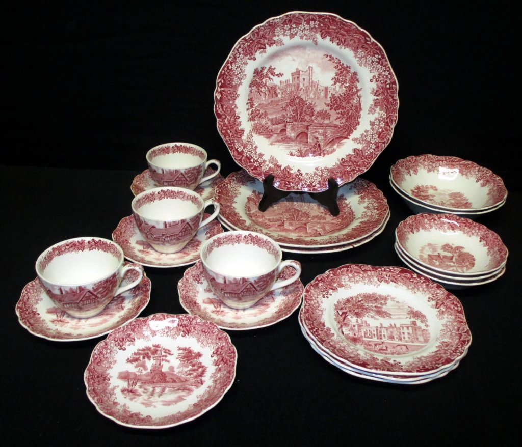 Meakin Red Romantic England Dinnerware: Including 20 pieces:3 dinner plates (older fleabite under one rim), 3 dessert/bread & butter plates, 2 soup/cereal bowls, 4 cups (exterior bottoms discolored), 5 saucers and 3 fruit bowls(2 w/undersid