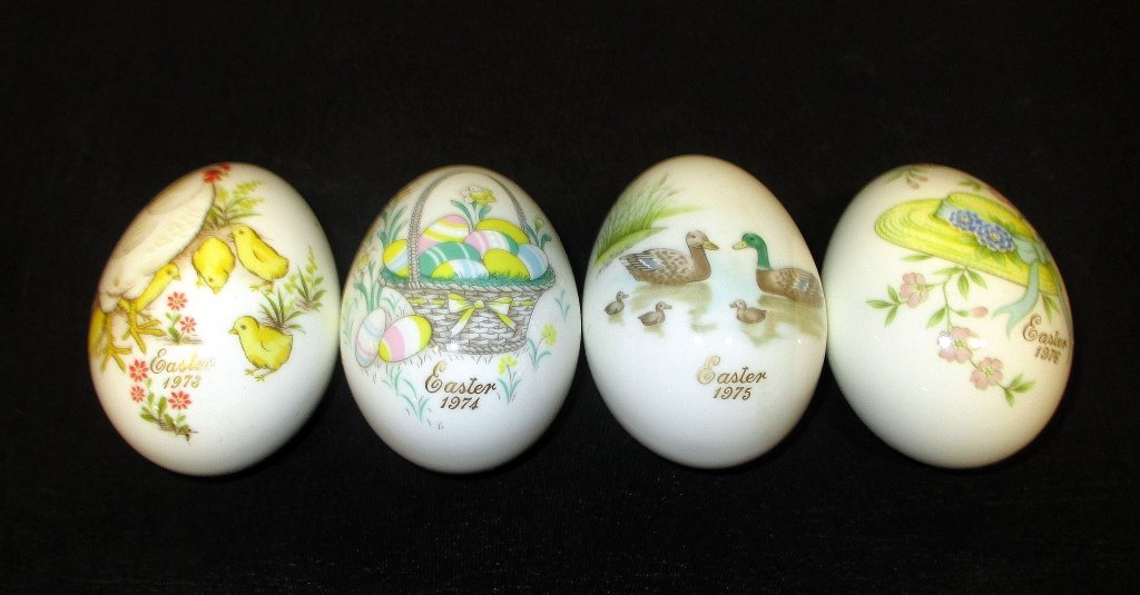 Noritake Bone China Easter Eggs: Four colorful decorated eggs 1973-1976, two/papers detailing tradition, original boxes(showing wear), Japan.