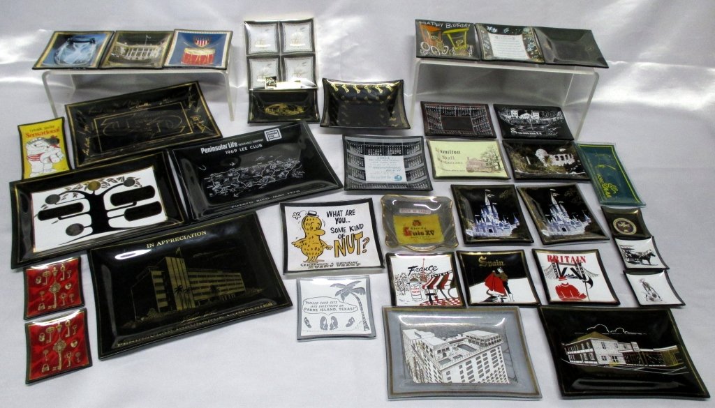 38 Vintage Bent Glass Ashtray Lot: Including Disney, advertising, Card Mates in box,2.5" sq. to 9" x 7", few w/slight chips on corners.