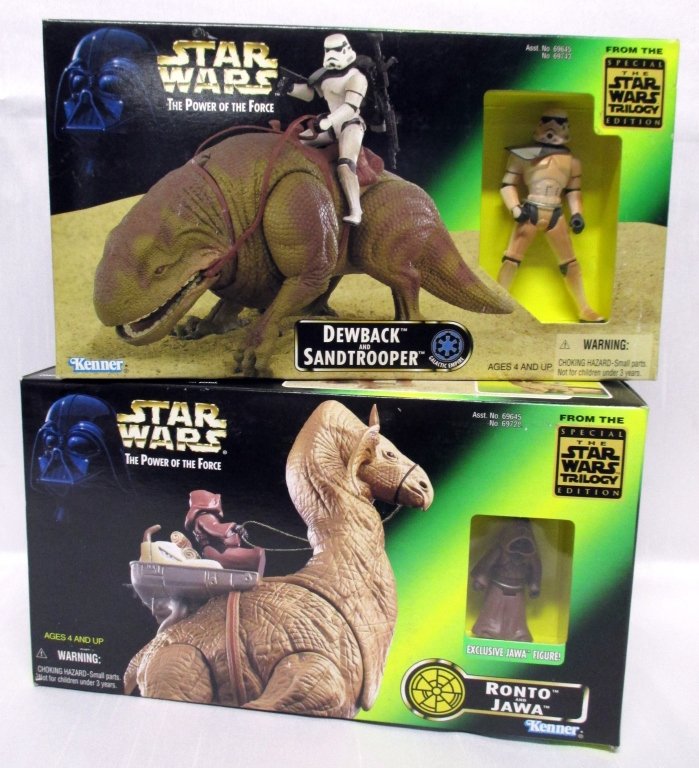 Star Wars Power of the Force Action Figures: Including Dewback & Sandtrooper and Ronto & Jawa. Mint in boxes, Kenner, 1997.