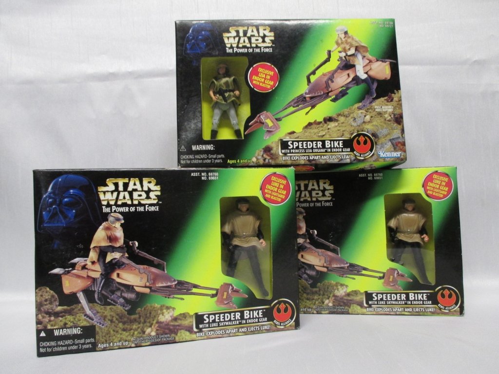 Star Wars Power of the Force Action Figures: Including 2 Speeder Bike w/Luke Skywalker in Endor Gear (1996) and Speeder Bike w/Princess Leia Organa in Endor Gear (1997).