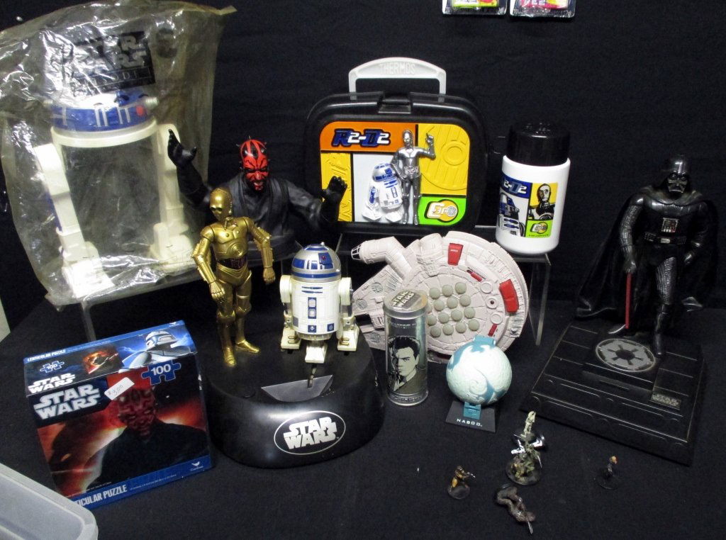 Star Wars Lot: Including battery operated R2D2, C3PO and Darth Vader; puzzle; light saber game; 3 Millenium Falcon ships (2 carrying cases and 1 battery operated); lunch box & thermos, PEZ & more.