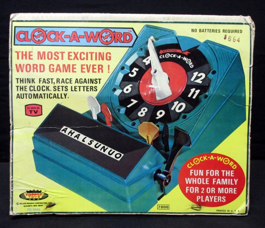 Clock-A-Word Game: Topper Toys, 1966, original box.