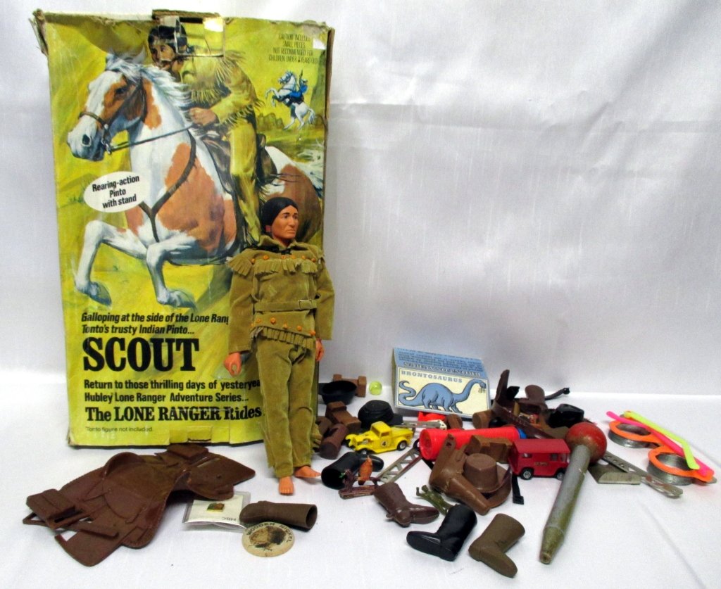 Miscellaneous w/Scout Box & Tonto Figure: Includes variety of accessories (hats, boots, saddle, gun and two holsters), 1973 Baltimore wooden nickel and 1998 NBC Network Olympics Seoul Korea pin. As found, box rough.