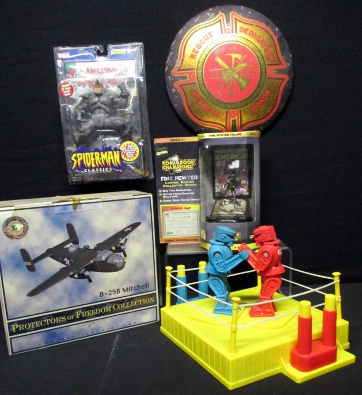 Collectible Model, Figures & Game: Including B-25B Mitchell model mint in box (box rough), mint in packages: Amazing Spiderman Rhino and Golden Age pewter Captain America, Rock'em Sock'em and shield.