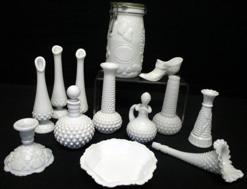 Milkglass Lot: Including shoe, cruet w/stopper, dresser bottle w/stopper, 6 vases, candleholder, dish and epergne horn.