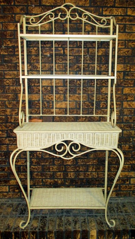 Baker's Rack: White wicker & metal rack, 34.5" x 18" x 71.5" tall.