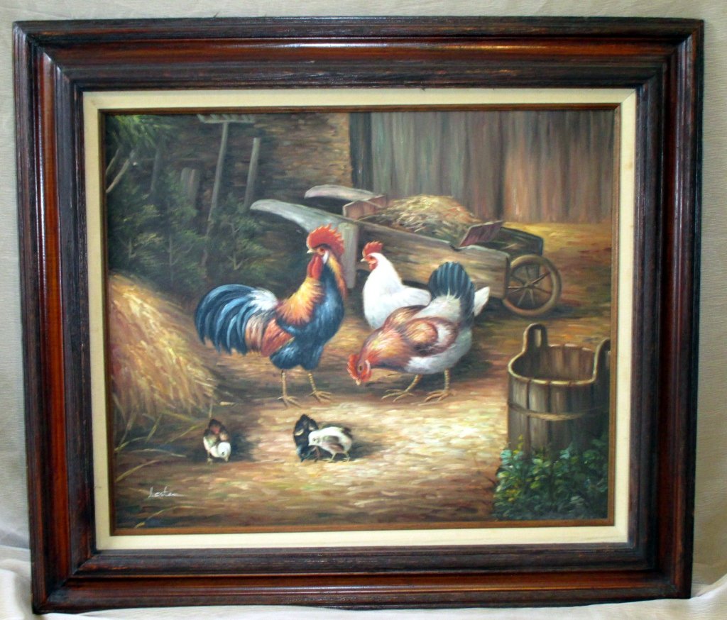 Oil on Canvas - Barnyard: Signed Lester, 28.25" x 32" wide framed. Frame marked Mexico, original price of painting $250.