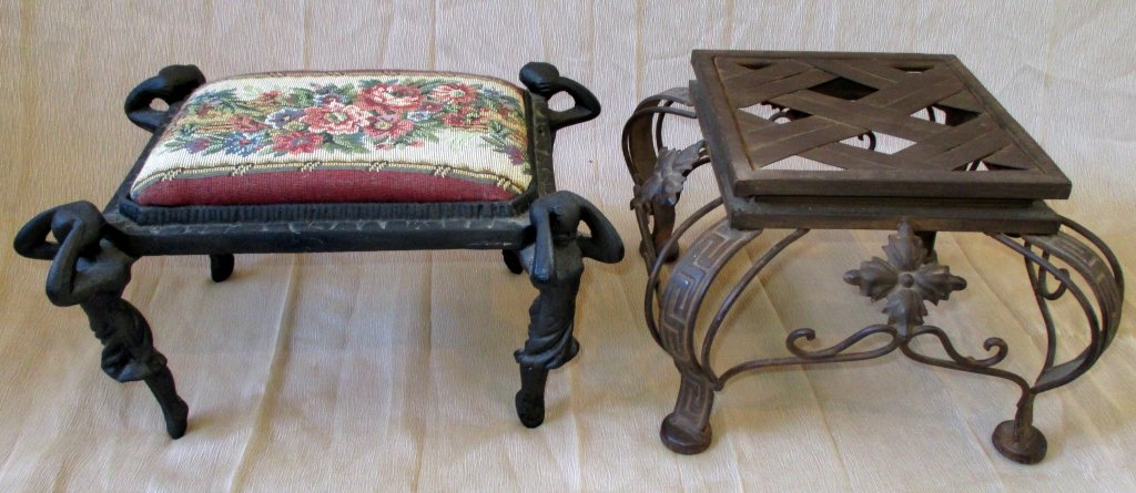 Metal Footstool & Plant Stand: Footstool w/upholstered top, 14" x 11.5" x 7.5" tall & plant stand w/tile top, 12" sq. x 7.5" tall.