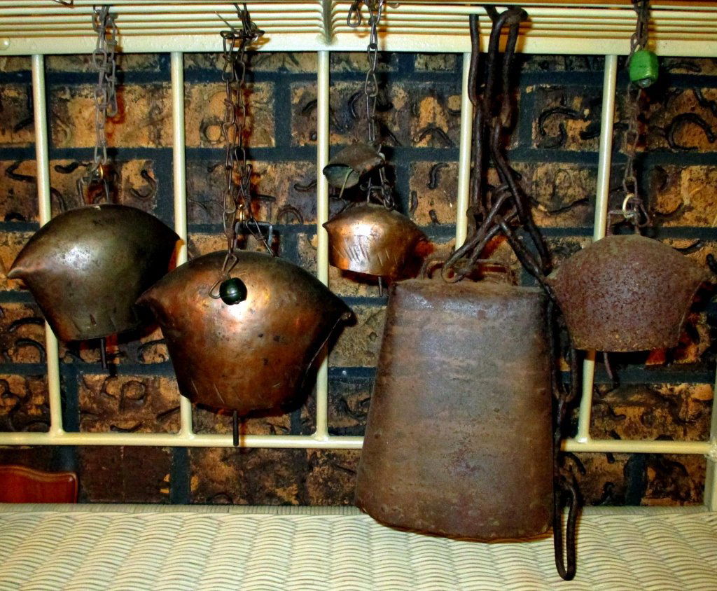6 Vintage Copper Cow Bells: Including bells from 7.5" down to 1.5".