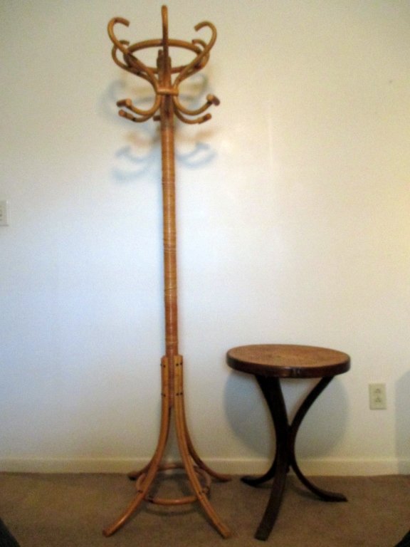 Bamboo/Rattan Coat Rack w/Cane Top Table: Coat rack 69" tall, table 18" D x 23" tall.