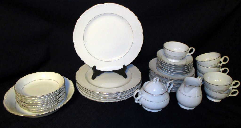 Harmony House Darlene China: 38 pieces, silver trim, embossed scrolls, including: 6 dinner plates, 8 salad plates, 8 cereal bowls, 6 cups & saucers, creamer, covered sugar, 9" round serving bowl.