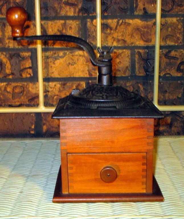 Vintage Coffee Grinder: Wood and cast iron w/drawer, 6" sq. x 10.75" tall.