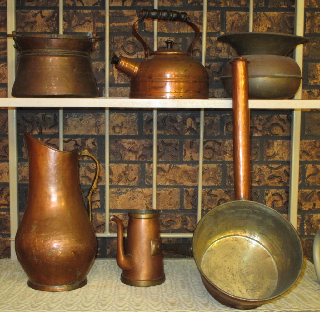 Copper Pitcher, Bath Ladle Plus Lot: Including 13.5" tall pitcher, 19" long x 8" diameter ladle, pouring pot (no lid), tea kettle, pot w/heavy brass handle and brass spittoon.