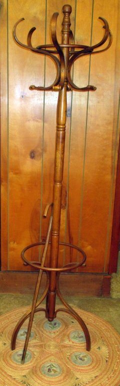 Coat Rack, Wood Cane & Hemp Rug: Wood coat rack 71.5" tall, cane 35.5" long and hand made chinese area rug w/voided cross stitch floral insets, 35.5" diameter.