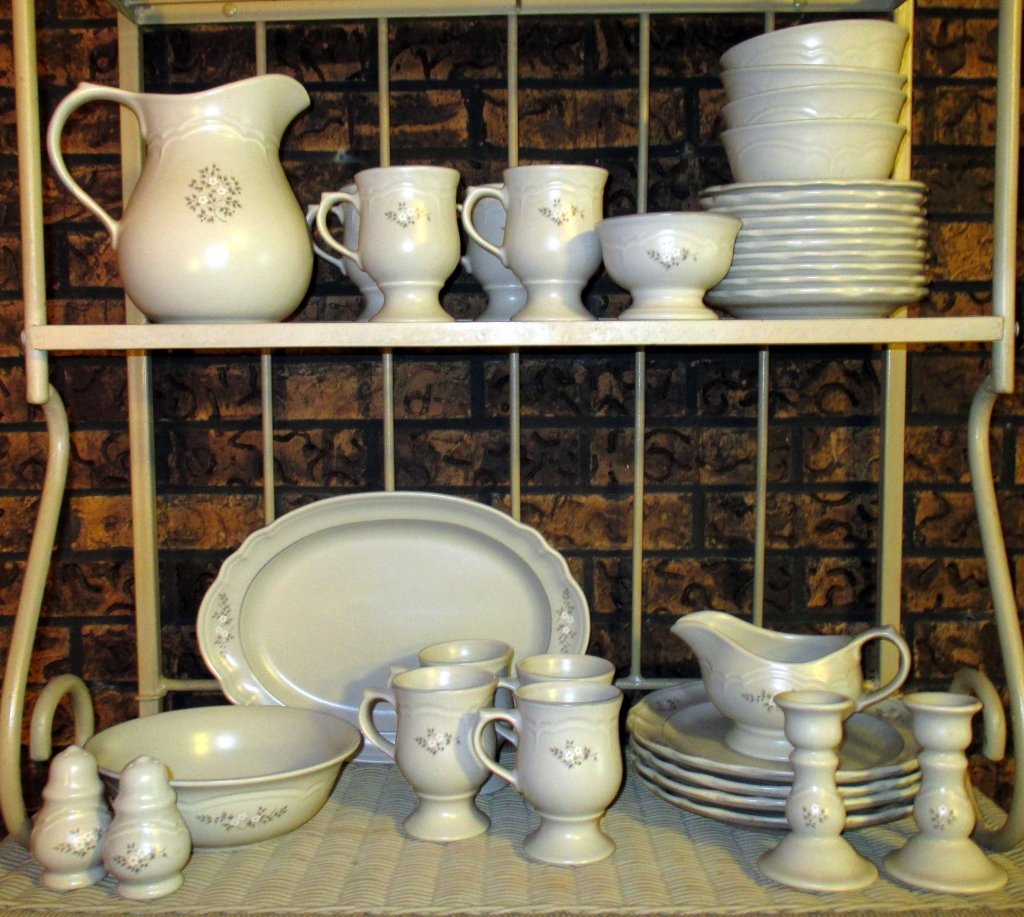Pfaltzgraff Dinnerware: 35 pieces Heirloom Garden Impressions Collection including: 4 dinner plates, 10 salad plates, 4 soup/cereals, 8 pedestal mugs, gravy boat, 14" platter, salt/pepper, 2 qt. pitcher, 8" D serving bowl, s