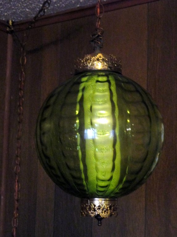 Retro Hanging Lamp: Green ball w/chain, brass appointments, 15" tall.