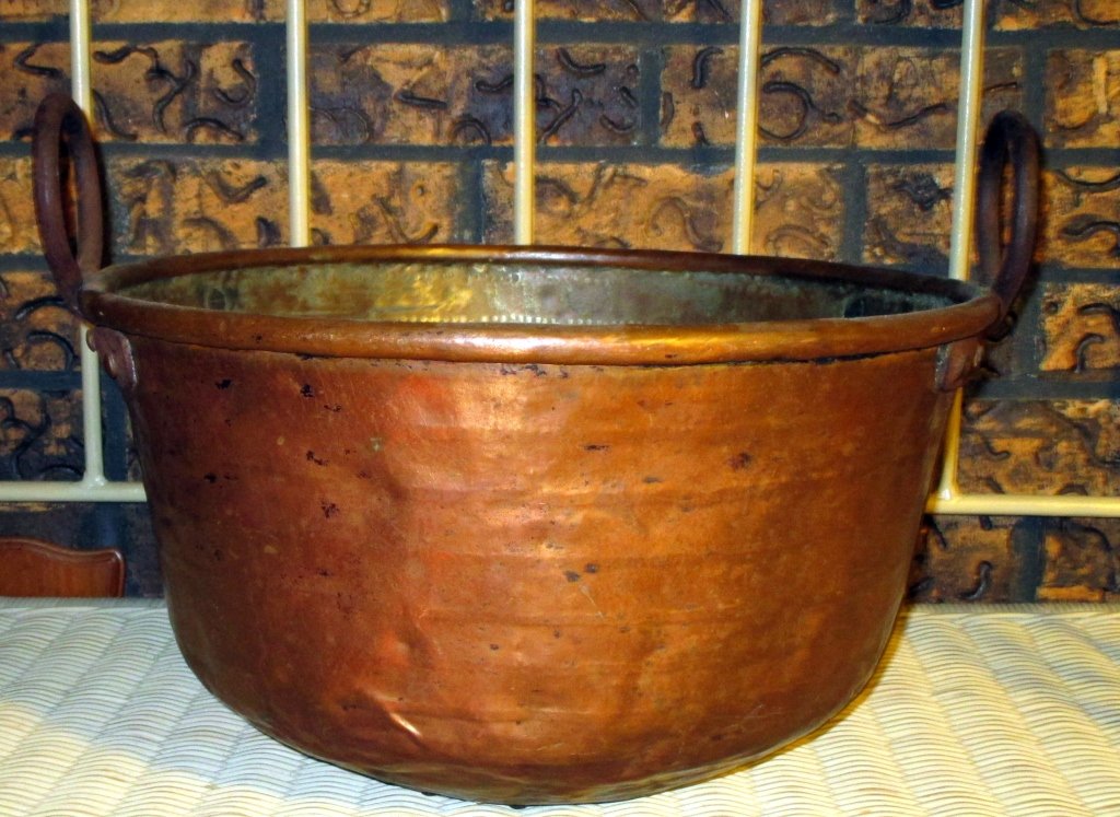 Large 2 Handled Copper Pot: Vintage pot w/Interestingly repaired bottom, 15.5" D x 8.5" tall.