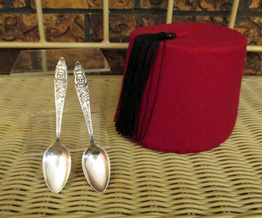 Masonic M.O.V.P.E.R Spoons Plus: 2 sterling (Watson Company mark) spoons, marked for Mystic Order of Veiled Prophets of the Enchanted Realm & 89 Hafed Grotto together w/Masonic fez hat.