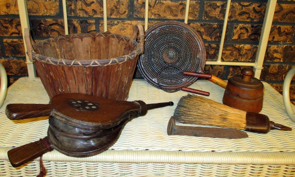 Vintage Bellows, Whisk Broom, Butter Mold Plus: Together w/vintage 11" D basket, pierced cover, 6.5" railroad spike, and jar grip. Bellows 16", broom 10".