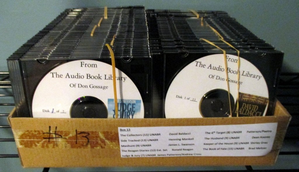 Audio Books on CDs: 93 CDs, 9 books, The Reagan Diaries, James Swanson's Manhunt (Lincoln's killer) and authors David Baldacci, James Patterson, Dean Koontz and more. See attached photos for detailed listing.