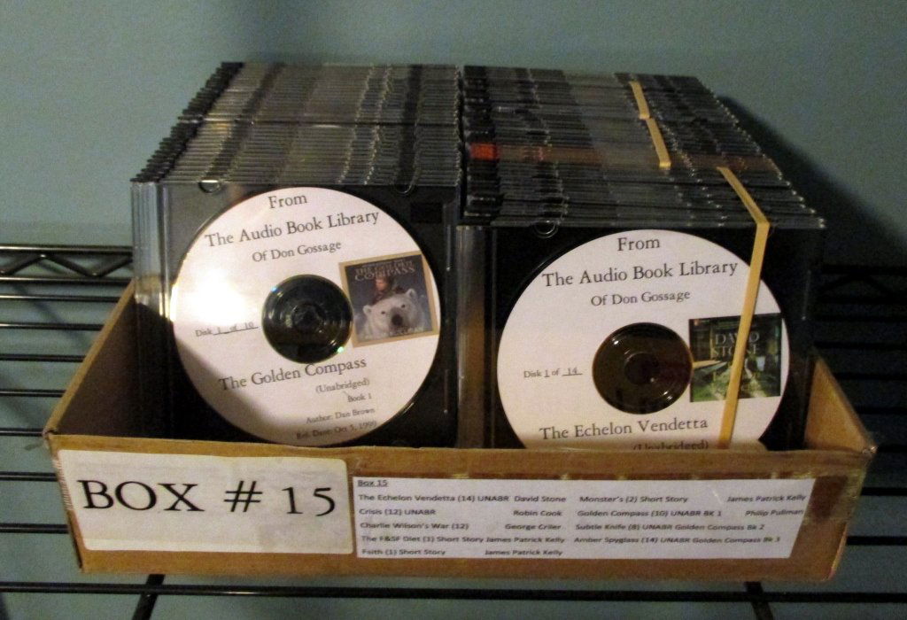 Audio Books on CDs: 74 CDs, 7 books, Philip Pullman's Golden Compass series and authors David Stone, Robin Cook. Also short stories by George Criler & James Patrick Kelly. See attached photos for detailed listing.