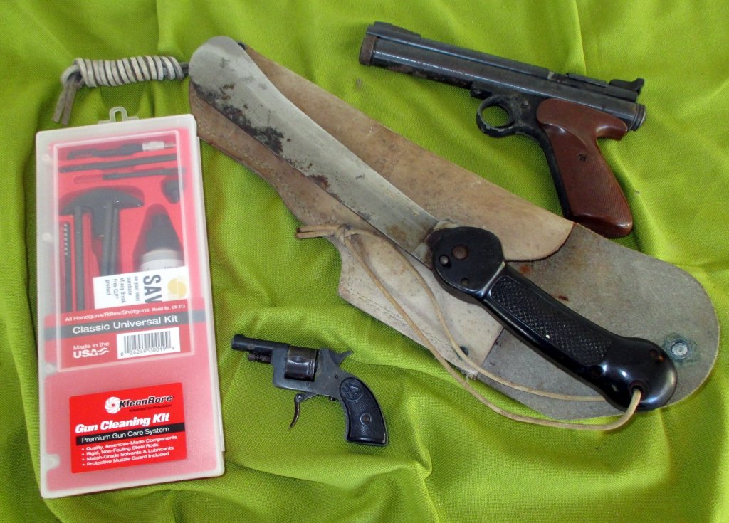 Starter Pistol, Pellet Gun, Machete Plus Lot: Including Herbert Schmidt 6mm blank firing starter pistol, folding machete in sheath (10" closed, 17" open), pellet gun & Kleenbore gun cleaning kit.