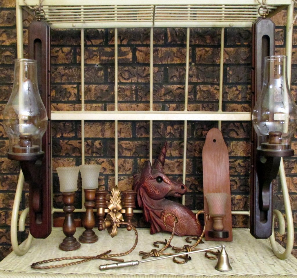 Wall Sconces Plus Lot: W/2 adjustable 23" candle holders w/hurricane shades, two candle holders, 7" double candle holder, brass snuffer, twisted metal sconce & two shelf holders w/glass shelves and 13.75" carved wood unicor