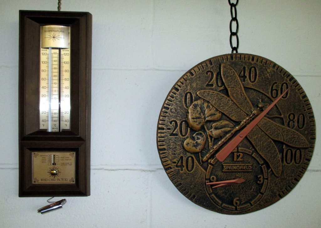 Outdoor/Indoor Weather Lot: Inc. indoor/outdoor thermometer w/wind chill meter & wind speed gauge in original box (13.75" tall) and metal thermometer w/clock (12" D).