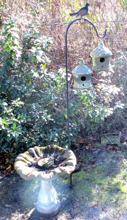 Bird Bath, Bird Houses Plus Lot: Inc. crook w/bird decor holding 2 cement birdhouses and 18" tall cement bird bath.