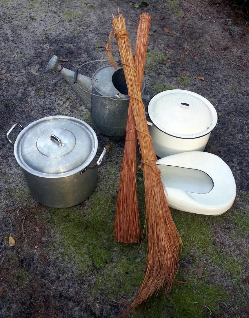 Vintage Watering Can, Enamelware & Brooms: Metal watering can, 2 whisk brooms, covered enamel pot and enamel bedpan and covered aluminum stockpot.