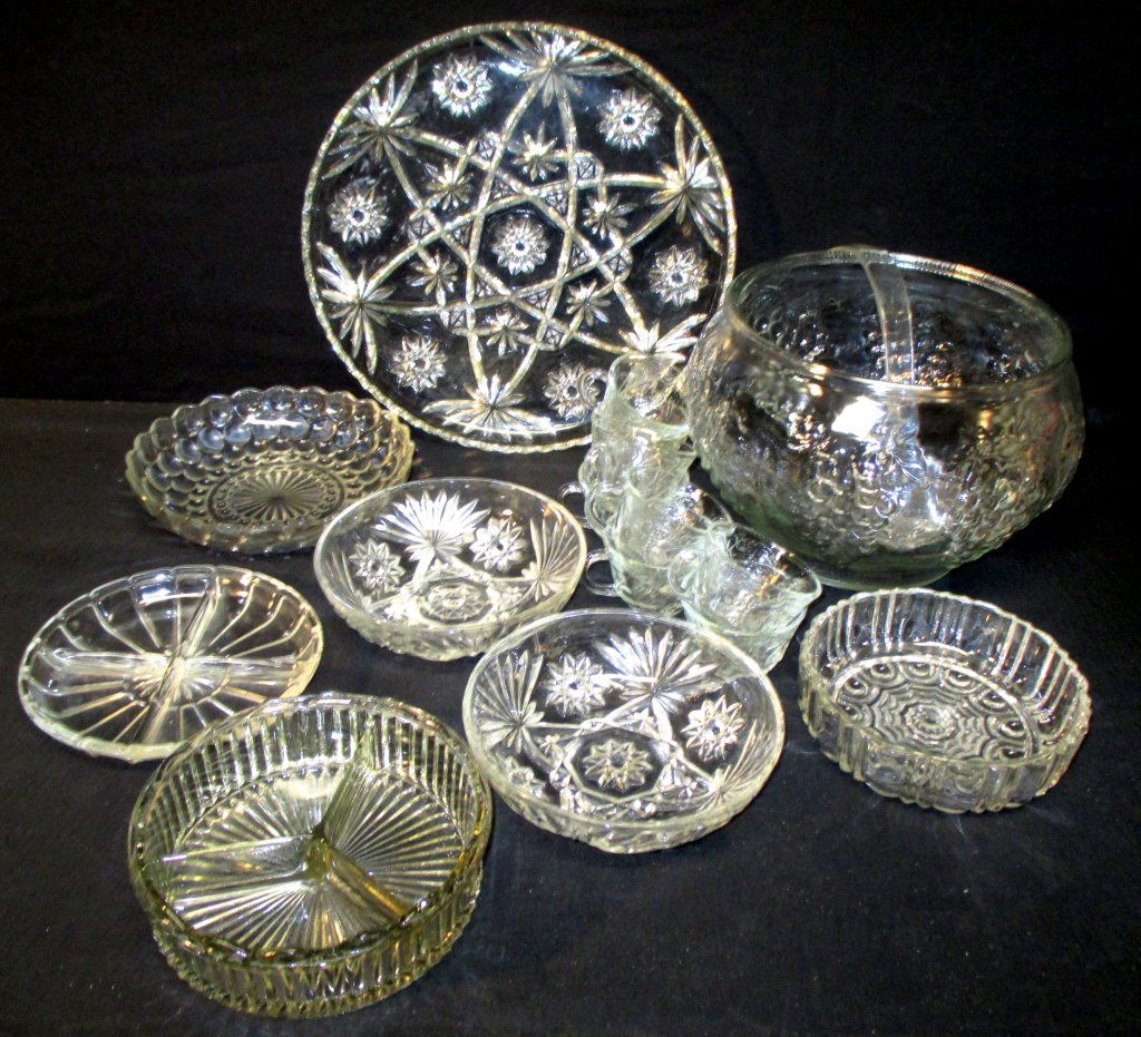 Glass Serving Pieces: Small punch bowl/8 cups decorated w/grapes, 13.5" platter, 6 bowls (2 divided). Chip on rim of larger divided dish.
