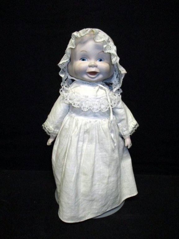 Porcelain 3-Face Doll: Lace trimmed dress & cap, 12"T.
