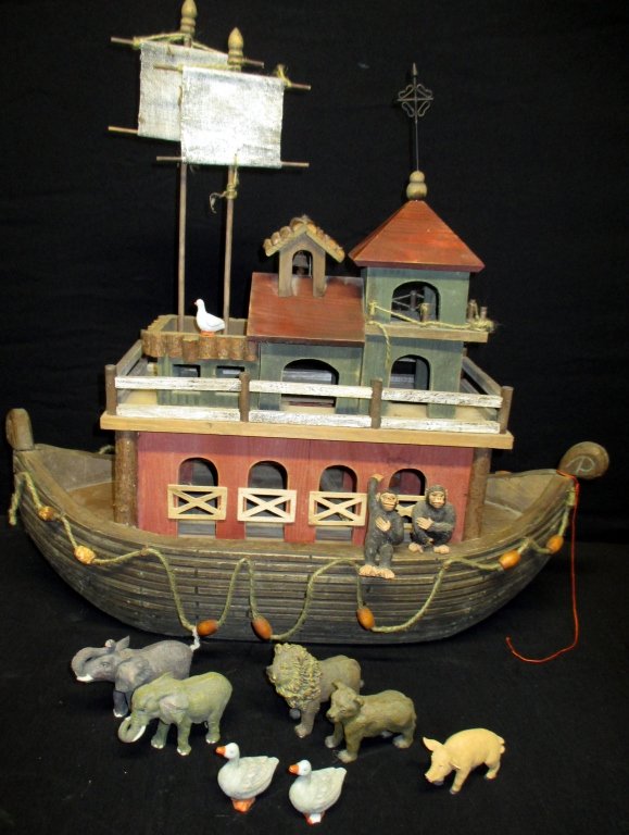 Wooden Noah's Ark: Ark 22" tallest sail & 23" stem to stern together w/10 composite animals (small chips on elephant trunk, goose foot, pigeon tail).