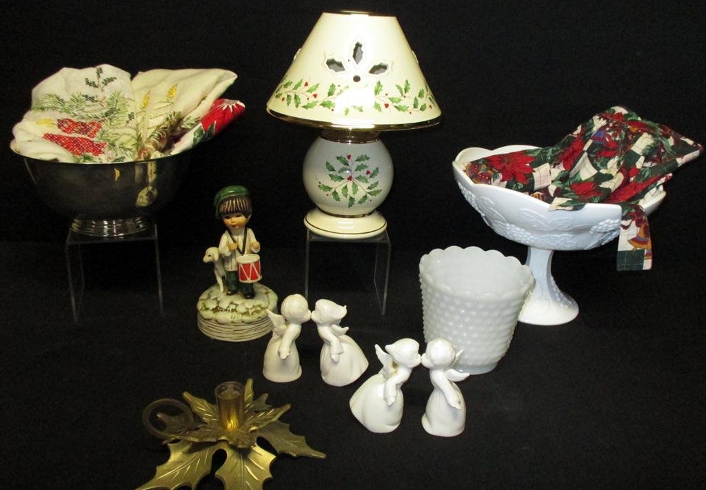 Christmas Lot w/Milk Glass Plus: Gorham '73 Little Drummer music box, Lenox candle lamp, 7.5" milk glass pedestal & planter, 4 kissing angels, brass candle holder, apron, 2 table runners, 29" x 30" tablecloth, Snow Baby frame & Rever