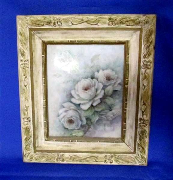 Handpainted Roses on Tile: Handpainted Roses on Tile, Signed Lower Middle Greg ?, Distressed Floral & Leaf Embossed Frame, 15" x 13".