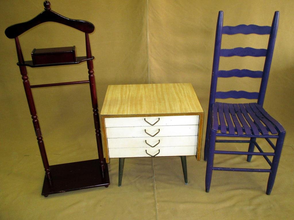 Retro 3-Drawer Cabinet, Slat Chair & Valet: Bottom cabinet drawer made to look as two, 23" x 27" x 24"T; ladder back chair w/slat seat painted purple, 40.5" center back height and valet w/box for accessories.