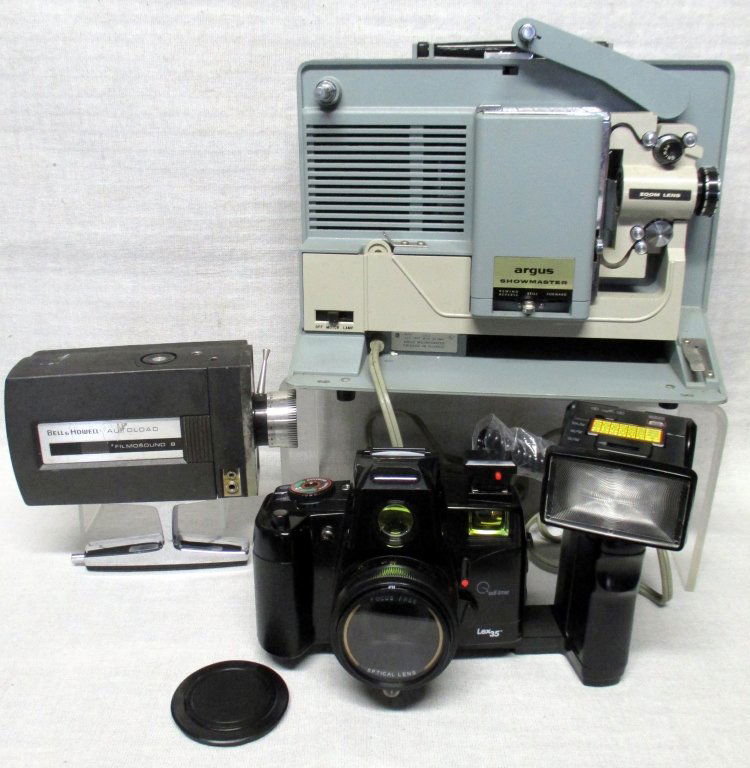 Camera Plus Lot: Lex 35 w/flash bar, Bell & Howell Autoload Film sound 8 and Argus Showmaster movie projector (cover missing).