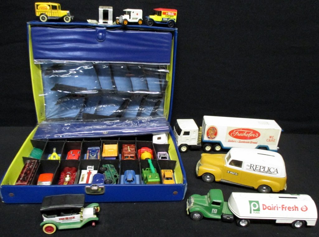 Matchbox Cars/Trucks Plus Lot: W/matching case(handle broken off); also cars from Ertl & Buddy L. over 20 toys.