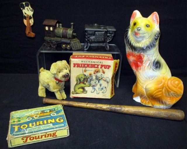 Vintage Toy Lot: Inc. wooden Mickey Mouse w/moveable arms & legs (one hand broken), "Touring" card game w/original box & instructions, mechanical "Friendly Pup" in original box, 16" Louisville Slugger, chalk ware dog
