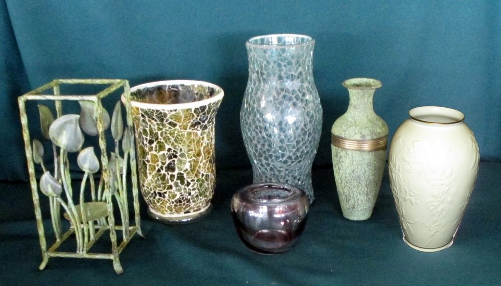 Decorative Pieces Inc. Lenox & Bill Blass: Including Lenox 11" vase, Blass 8" crackle vase, 8.5" green vase with gold band, 11" crinkle glass hurricane shade, 10" metal candle holder and round purple & clear swirl jar.